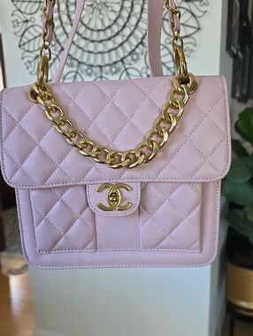 Quilted Top Handle, Shoulder, Backpack Bag in Pale Pink with Gold Hardware